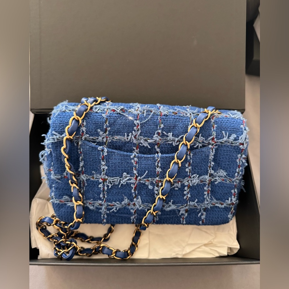 Chanel Blue Tweed Quilted Small Mini Classic Flap Bag - Picture 6 of 11